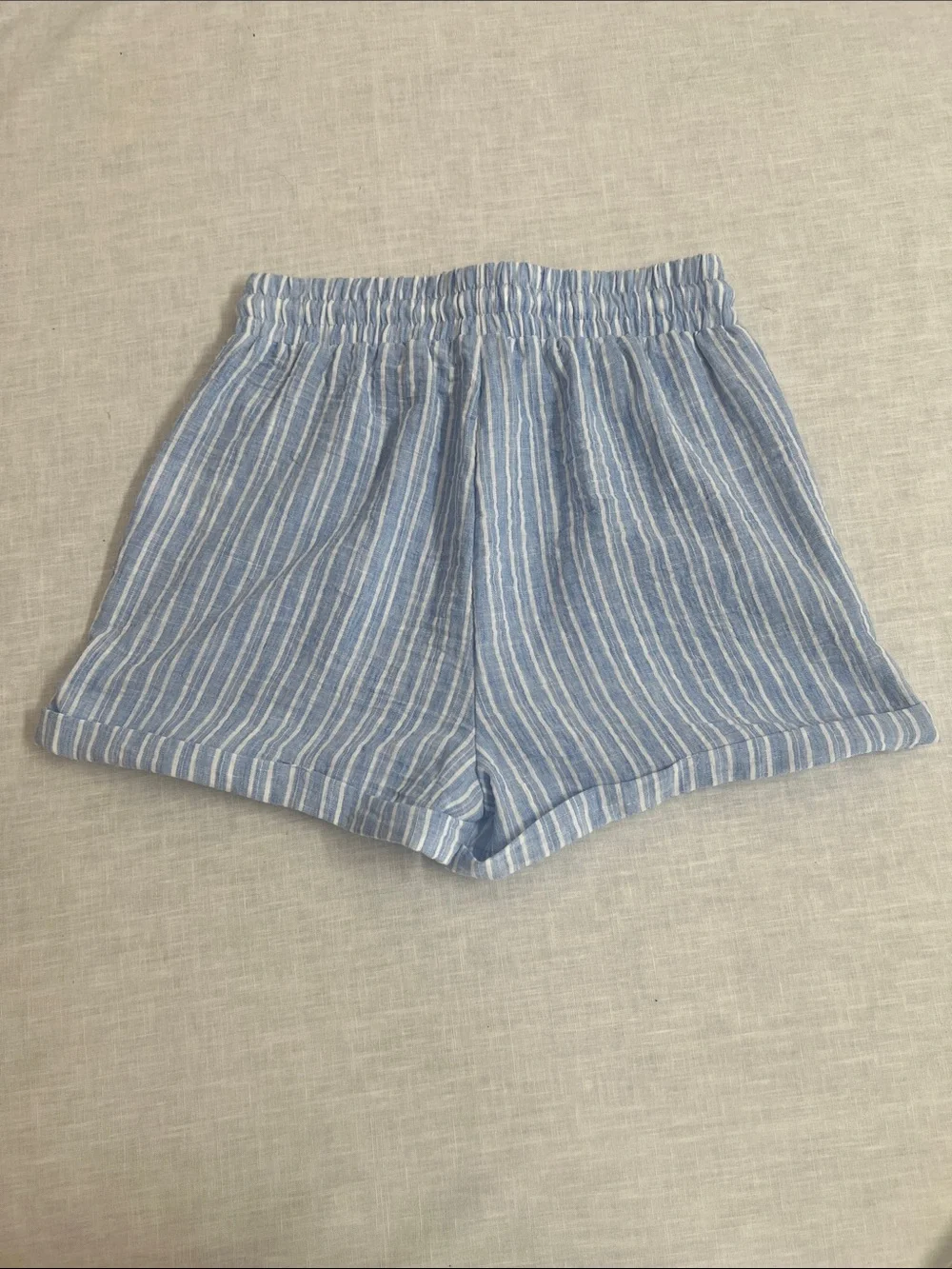 🌞 Ci Sono Light Blue & White Striped High-Waist Drawstring Shorts women S